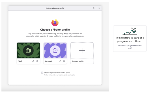 Choose a Firefox profile page where you can choose an existing profile or create a new one