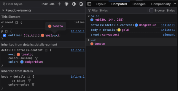 DevTools window that shows Inherited properties from element-backed pseudo elements